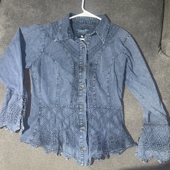 Large 100% Cotton Blue Denim Button-Up Shirt Boho tribal vibes super cute - Picture 14 of 17